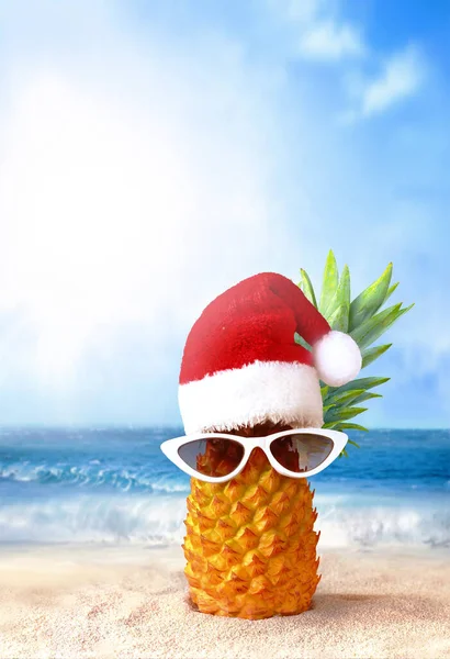 One Pineapple Red Santa Claus Hat Sunglasses Sand Tropical Beach — Fotografia de Stock