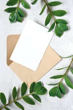 Kartı bitkilerle süsleyin. Beyaz arkaplanda zarf olan davet kartı.