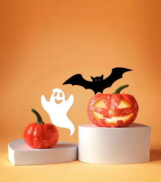 Halloween Decorations Orange Background Halloween Concept Pumpkin Podium Bat Ghost — Foto de Stock