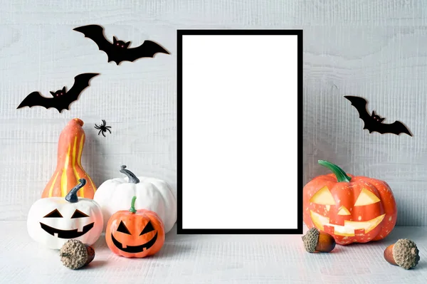 Halloween Dekorációk Pasztell Szürke Háttér Halloween Koncepció Tökfej Denevér Pók — Stock Fotó