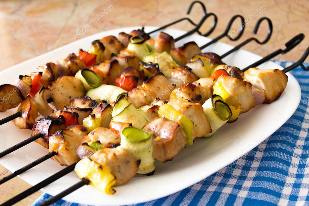 Meat and vegetables on skewers