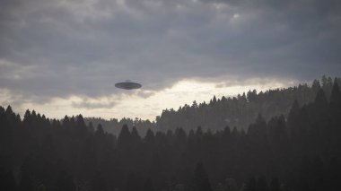 Üç boyutlu illüstrasyon. Dağları aşan UFO