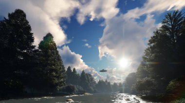 3D UFO hangs in the sky over the river