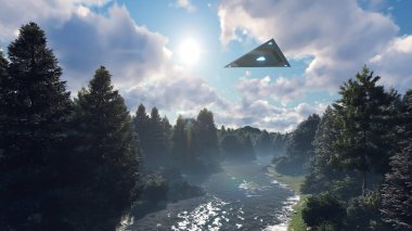 3D UFO hangs in the sky over the river