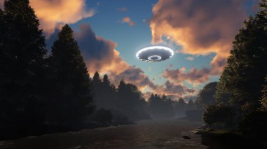 3D UFO hangs in the sky over the river
