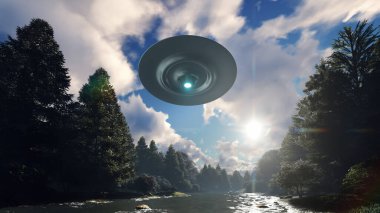 3D UFO hangs in the sky over the river