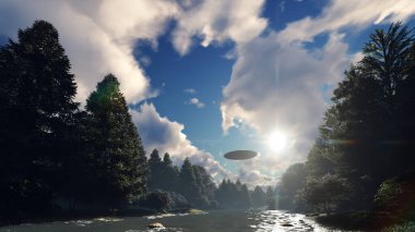 3D UFO hangs in the sky over the river