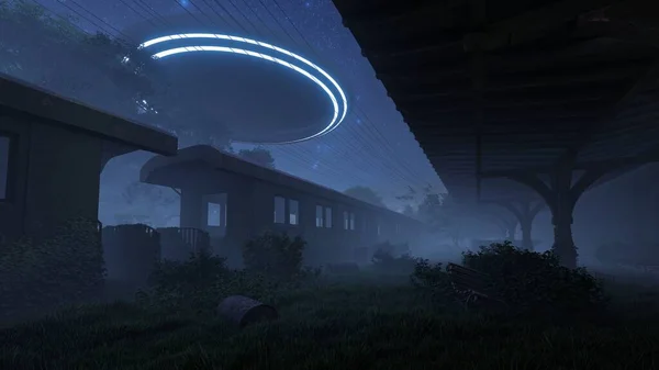 Ufo Flies Abandoned Overgrown Railway Station Illustration — Foto de Stock