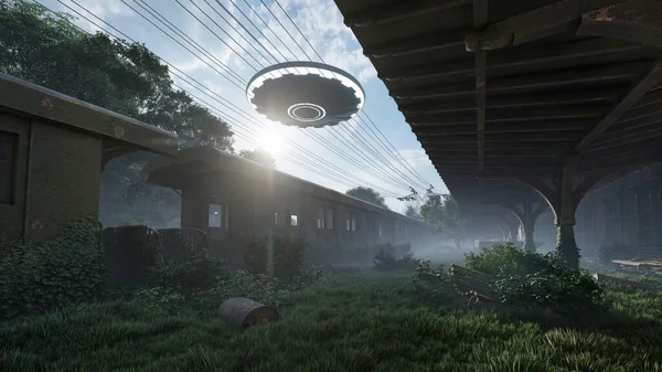 Ufo Flies Abandoned Overgrown Railway Station Illustration — Stock Photo, Image