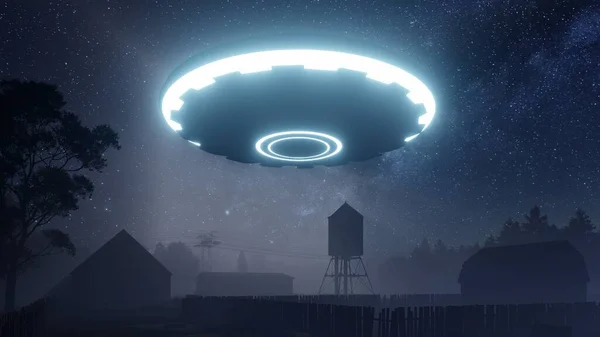 Render Ufo Sprang Sky Old Farm — Fotografia de Stock