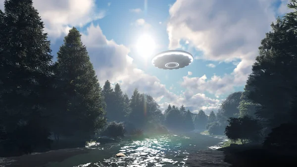 3D UFO hangs in the sky over the river