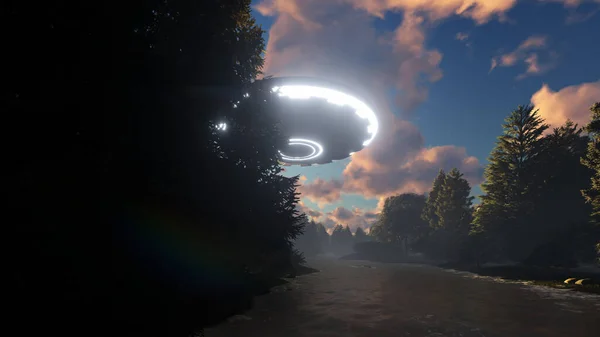 Ufo Hangs Sky River — Stockfoto