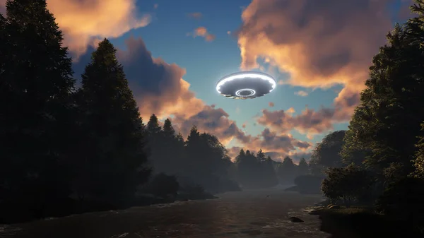 Ufo Hangs Sky River — 图库照片