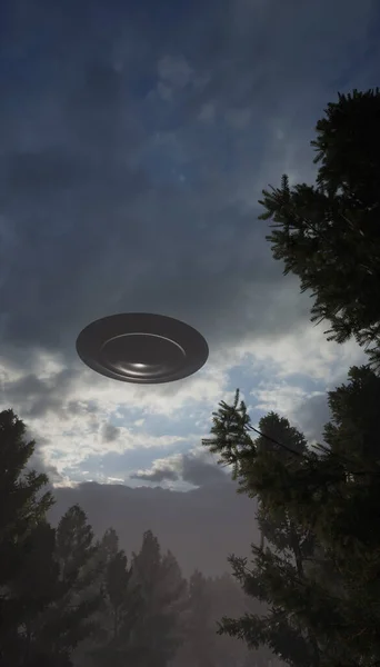 Illustration Ufo Himmel Über Der Alten Forststraße Stockfoto