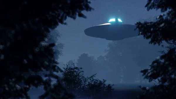 Ufo Flog Nachts Über Den Wilden Wald lizenzfreie Stockbilder