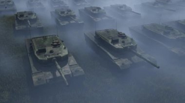 3d illustration. A tank division in a field in fog and smoke.