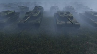 3 boyutlu illüstrasyon. Sis ve duman içinde bir tank tümeni.
