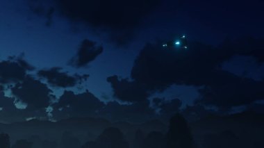 3 boyutlu görüntüleme. Üçgen Ufo gökyüzünde asılıydı.