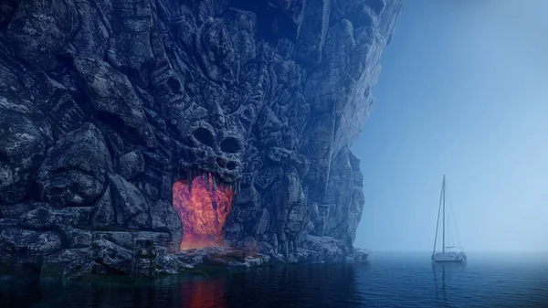 Viajero Entró Una Espeluznante Cueva Dragones Perdida Océano Ilustración —  Fotos de Stock