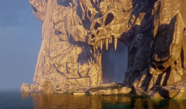 Gezgin, okyanusta kaybolmuş korkunç bir ejderha mağarasına girdi. 3B illüstrasyon