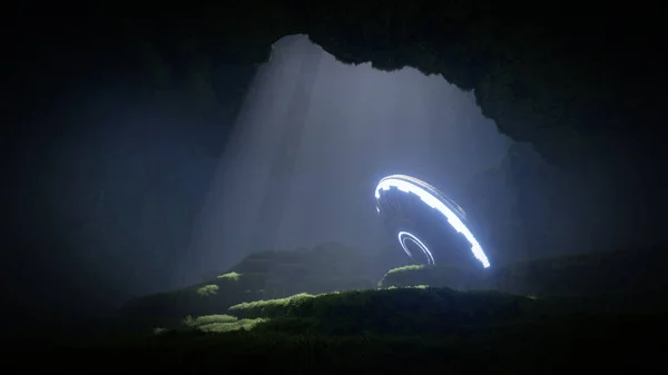 Render Ufo Ancient Huge Cave Rays Light — Fotografia de Stock