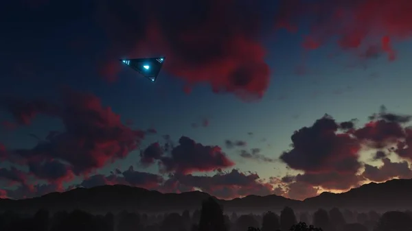 Render Triangular Ufo Hung Sky Evening — Stock fotografie