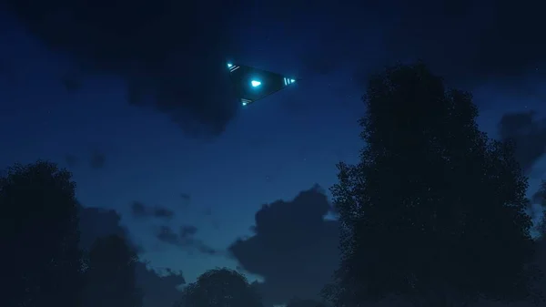 Render Triangular Ufo Hung Sky Evening — Stock Photo, Image