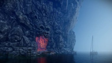 The traveler got into a creepy dragon cave lost in the ocean. 3D illustration
