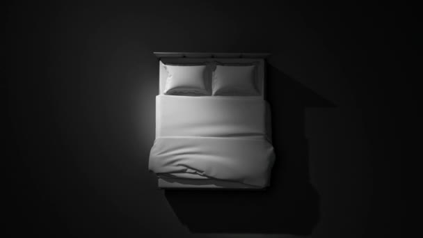 Bed Black Background Illuminated Beam Light Passing Left Right Illustration — Video