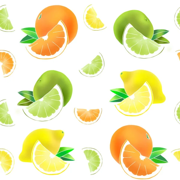 Pattern Illustration. A set of citrus fruits on a white background, lime, orange, lemon with leaves.