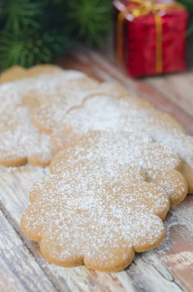 Galletas de jengibre espolvoreadas con azúcar glaseado bajo el árbol — Foto de Stock