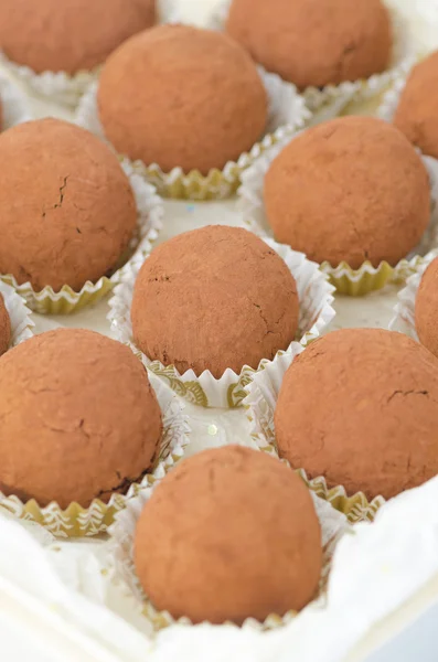 Scatola di tartufi di cioccolato, focus selettivo sul centro — Foto Stock