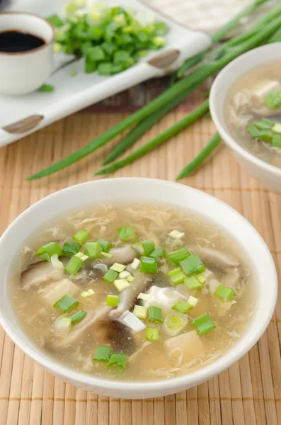 Chinese spicy soup with egg, shiitake mushrooms, tofu — Stock Image Chinese spicy soup with egg, shiitake mushrooms, tofu Royalty Free Stock Photos