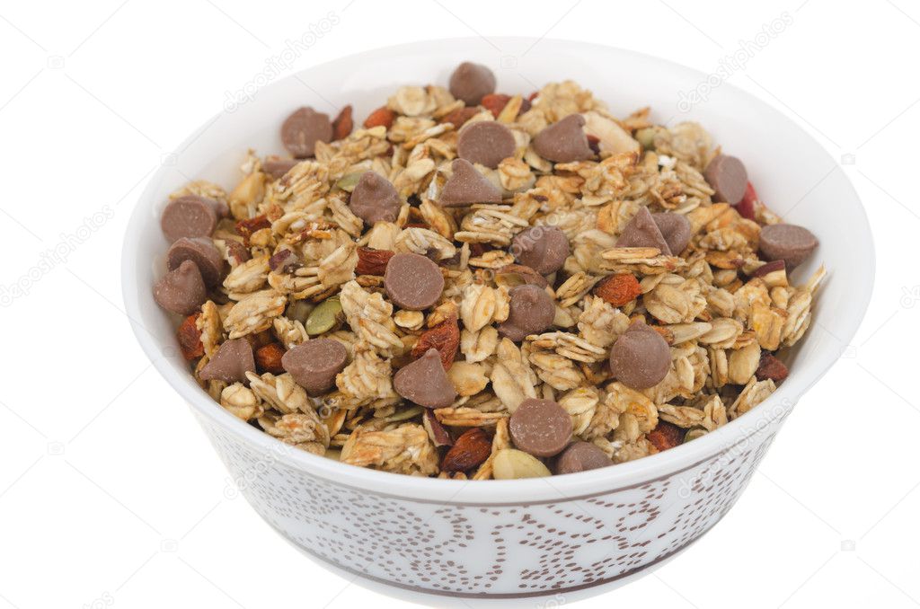 Homemade granola with chocolate drops isolated