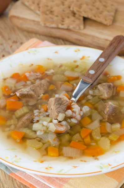 Суп с говядиной и гречневой крупой в тарелке крупным планом вертикальный — стоковое фото