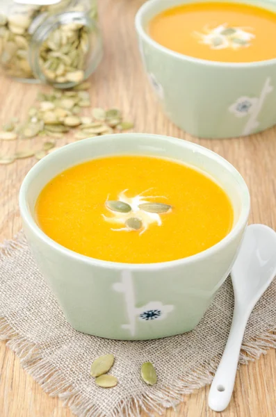 Bowl of pumpkin soup with ginger vertical — Stock Photo, Image