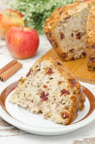 Piece of homemade apple cake with cinnamon and dried cranberries — Stock Photo, Image