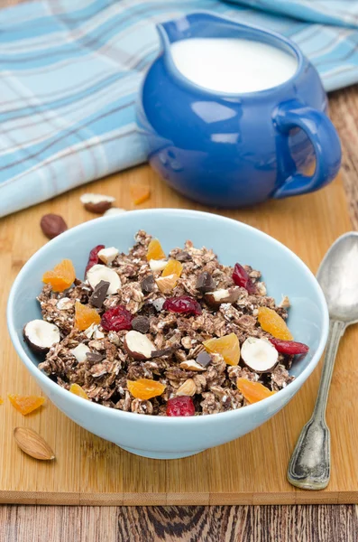 Chocolade muesli met noten en gedroogde vruchten — Stockfoto