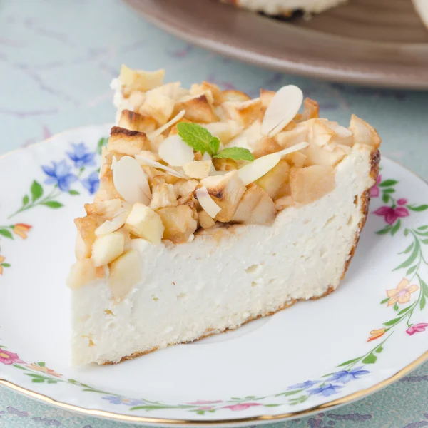 Piece of cottage cheese with apple pie on a plate, closeup — Stock Photo, Image