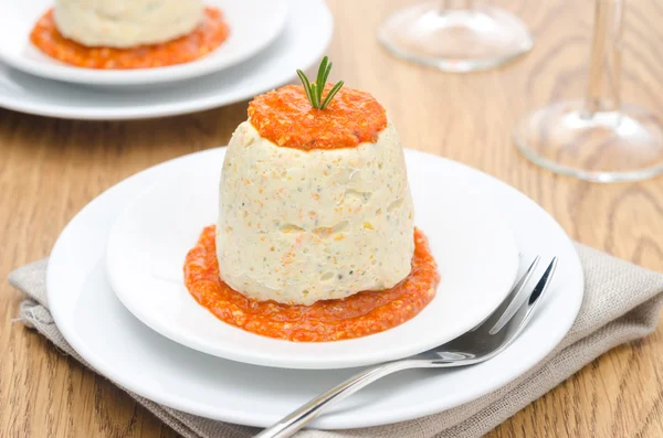 Mousse of chicken with pumpkin, green and red pepper sauce — Stock Photo, Image