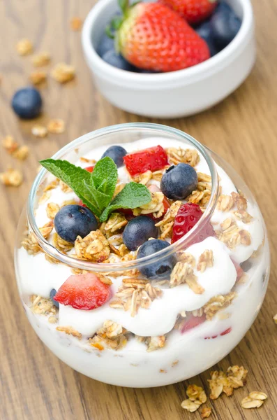 Πολυεπίπεδη επιδόρπιο με granola, γιαούρτι, φρέσκα μούρα — Φωτογραφία Αρχείου