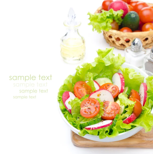 Salad with fresh vegetables and ingredients for salad isolated — Stock Photo, Image