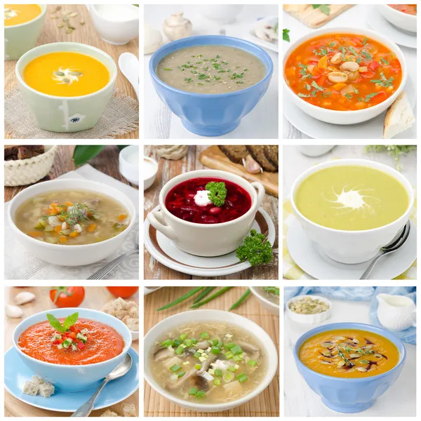 Collage de nueve sopas de colores diferentes —  Fotos de Stock