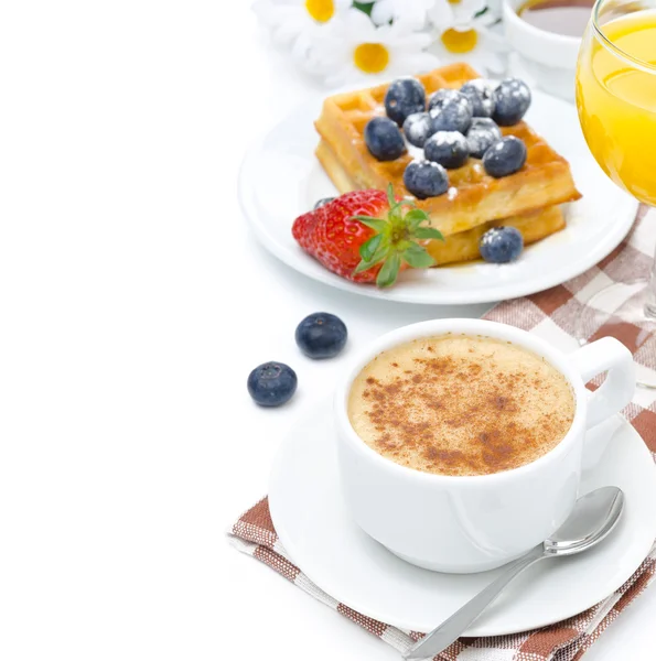 Cup of cappuccino, belgian waffles with blueberries — Stock Photo, Image