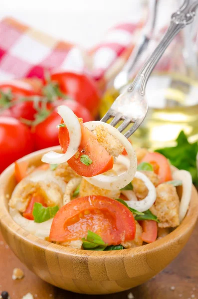 Italienischer Salat Panzanella mit Tomaten, Zwiebeln und Croutons — Stockfoto