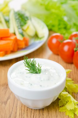 yoğurt sos ile çeşitli taze sebze yakın çekim için otlar
