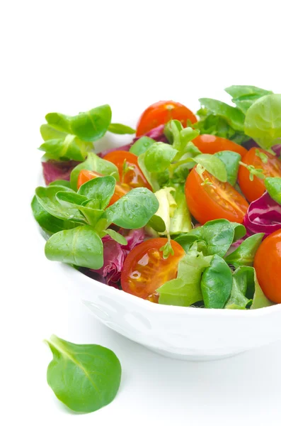 Kom verse salade en cherry tomaten geïsoleerde, close-up — Stockfoto