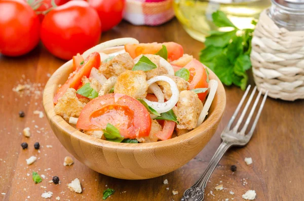 Italian salad panzanella with tomatoes, onions and croutons — Stock Photo, Image