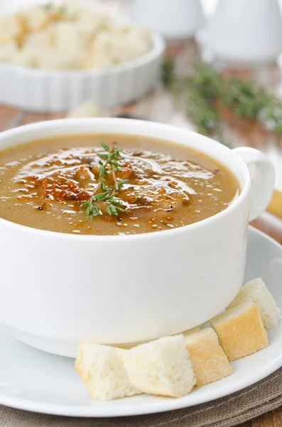 Croutons ve kekik yakın çekim bir kase mantar çorbası — Stok fotoğraf
