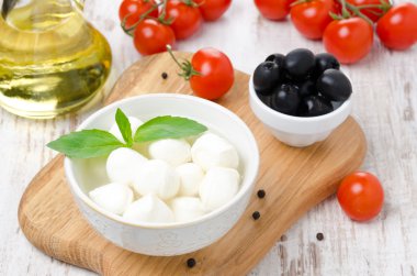 Fresh mozzarella in a bowl, olives and cherry tomatoes